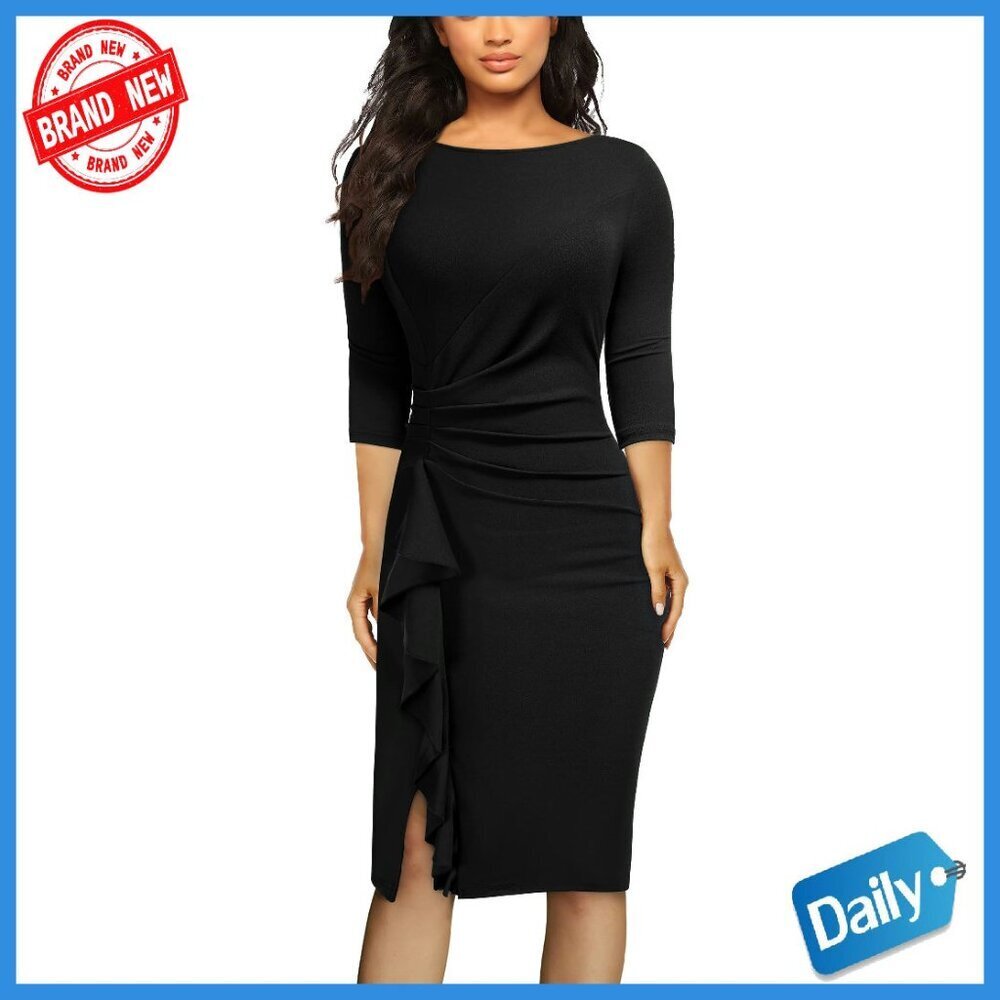 Women's Retro 3/4 Sleeve Ruched Business Pencil Dress